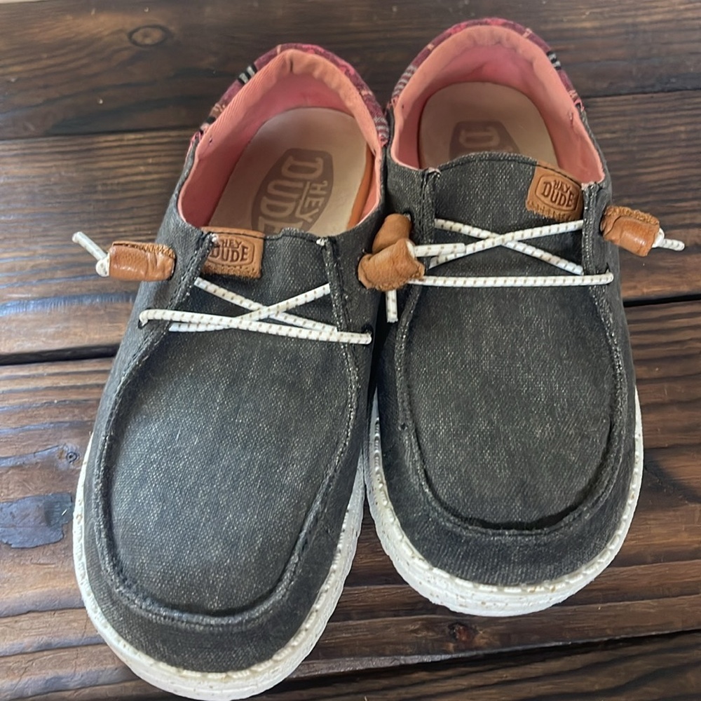 Hey Dude Wendy Funk Casual Charcoal with Brown Leather accents Slip on Moccasins - Picture 5 of 7